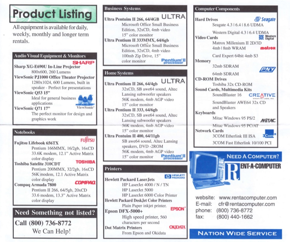 Rentacomputer's tweet photo. We found an old product list we used near the turn of the century.

Many of these computers ran Windows 95 and still had slots to use floppy drives. How the times have changed!

#TBT #ThrowbackThursday #Windows https://t.co/wiXYqXecRl