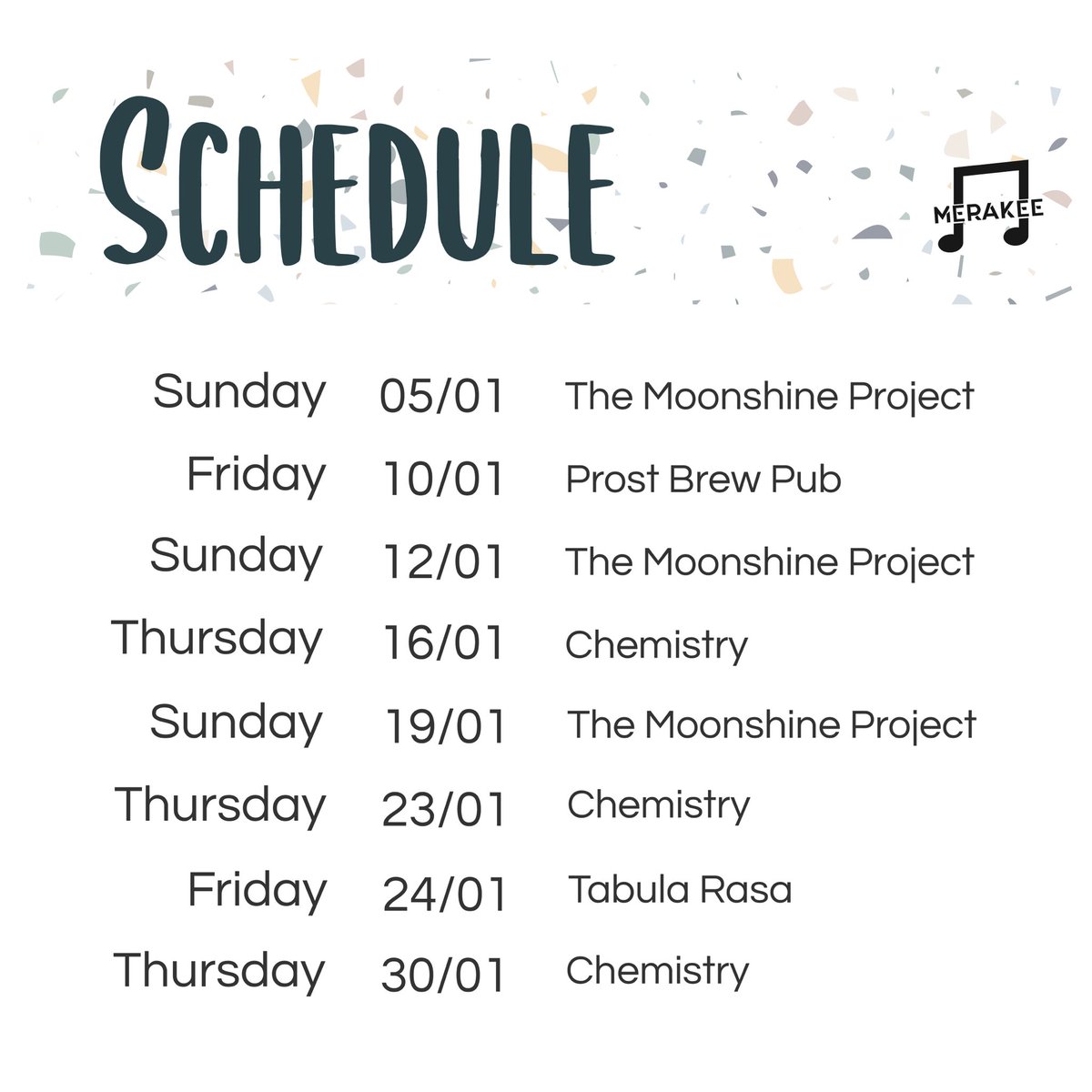 bandmerakee's tweet photo. January 2020, we’re ready to take over! Check out our schedule for the month and come down to sing along to some telugu tunes! 
#THETeluguBand #bandmerakee #hydevents #gig #livemusic #telugusongs #telugumusic #tabularasa #themoonshineproject https://t.co/w166EaI7Ih