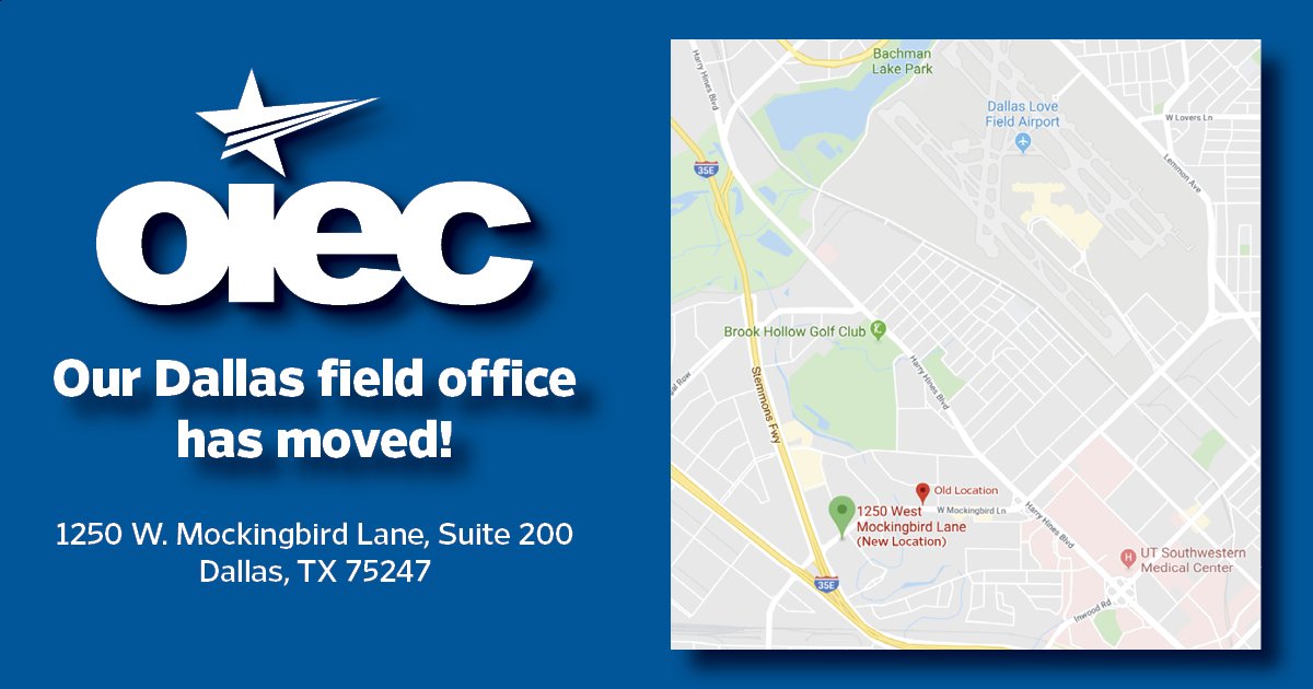 OIEC's tweet image. Reminder! The Dallas office reopened today in its new location - 1250 West Mockingbird Lane, Suite 200, Dallas, TX 75247. #oiectexas #datx #texasagency #dallas