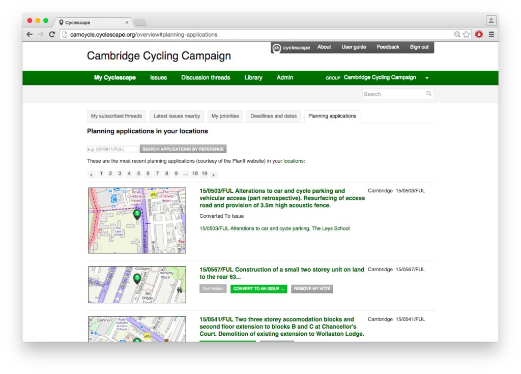 Cyclescape's tweet photo. @YorkCycle @bishyroad Note that planning applications come through to Cyclescape *automatically* each day.

They will be on each user's My Cyclescape page, limited to the geographical area in their settings.

You can convert any planning application to an issue in one click.

https://t.co/DQ07REQt0J https://t.co/TfmKop57la