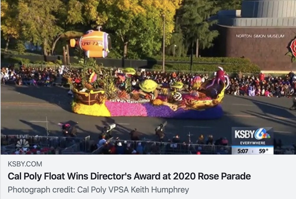 TheCSUEA's tweet photo. .@calstate's @CalPoly #campus #Float Wins #Director's #Award at #2020RoseParade!
https://t.co/C7ksEQhxaK via #KSBYNews
#CalPolySLO #CalPoly #CSUsuccess #MadeintheCSU #Art #Artists #RoseParade #FloatDesign #CalPolyFloat #Winning #winningmindset @RoseParade #CalPolyRoseFloat #CSU https://t.co/1EIfinA9Xx