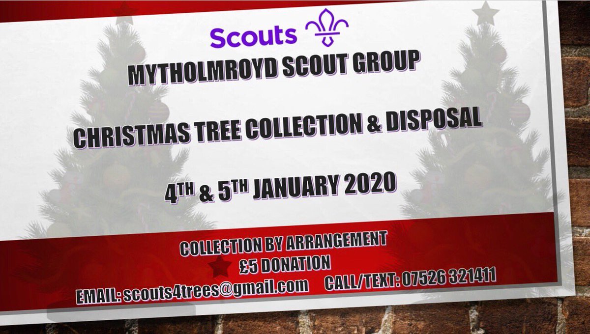 1stMytholmroyd's tweet photo. LAST CHANCE!!!

Mytholmroyd Scout Group - Christmas tree collection and disposal

This weekend (4th/5th January)

Collection by arrangement. scouts4trees@gmail.com or 07526321411 

Please Retweet! https://t.co/rk8XTTxadG