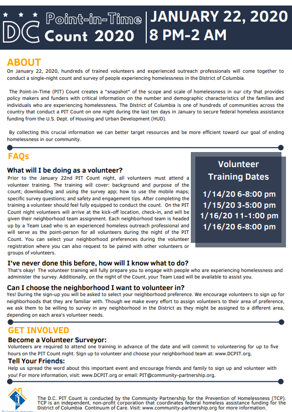 Partnershipdc's tweet photo. This year's Point-In-Time Count is on January 22nd and volunteers are needed! Visit https://t.co/mo6QY1Wrp8 for more information and volunteer registration #PITCountDC #CanWeCountonYou? https://t.co/R2CAdJWci3