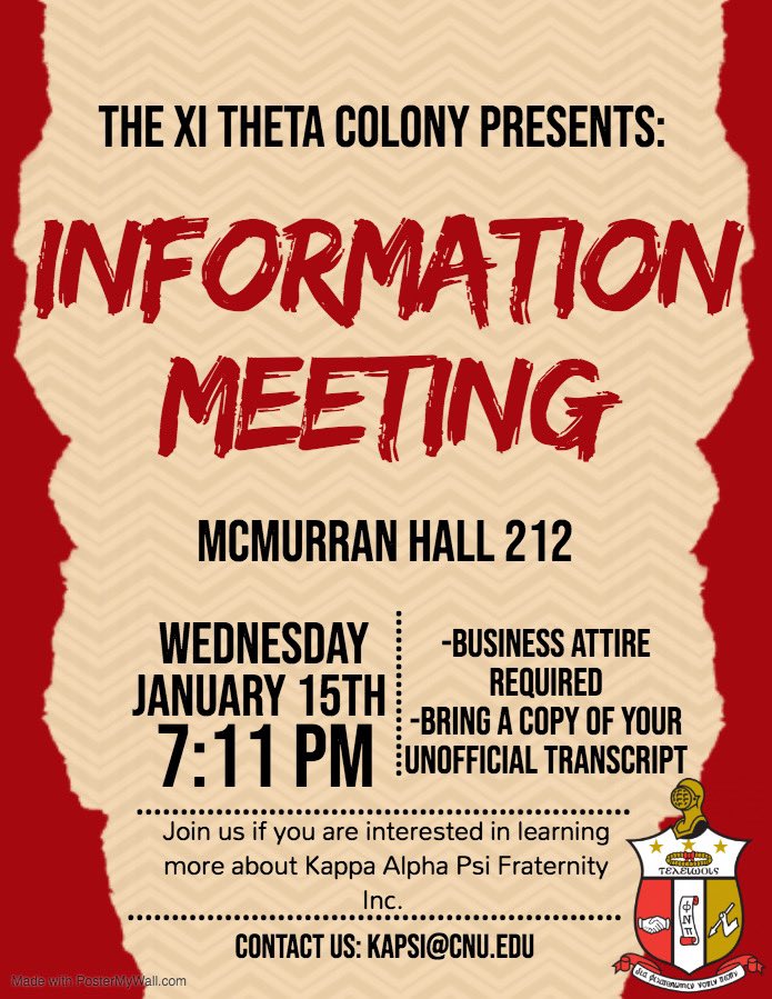 cnu_nupes's tweet photo. Men of CNU, join us on Wednesday, January 15th at 7:11 PM to learn more about Kappa Alpha Psi Fraternity Inc. ♦️ https://t.co/DrmRDsqjJx