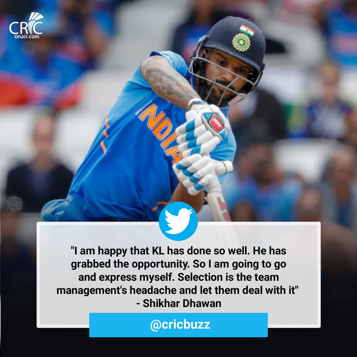criconair's tweet photo. Shikar Dhawan on KL Rahul's Current form!!
.
.
#dhawan #klrahul #cricket #indvssl #criconair #bcci #indiancricketteam #teamindia https://t.co/c3r8NzwBUK
