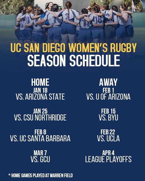 UCSDWRugby's tweet photo. SEASON SCHEDULE

Happy New Year from all of us at UCSD Women’s Rugby!! As we welcome the new decade we invite you all to come support our games this season! https://t.co/1vw5JJnirk