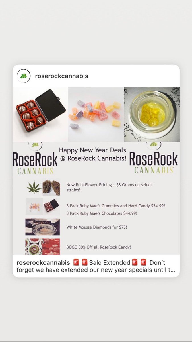 roserockcannab1's tweet photo. New year sales have been extended until second week of January! Come see us today until 8pm!
#MedicalMarijuana #THC #edibles #thca #concentrates #thccandy #thcgummies #thcchocolate #thcdiamonds #medibles #omma #sq788 https://t.co/KK5odFxWe3