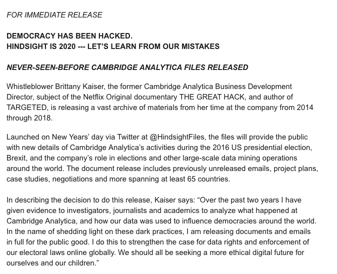 HindsightFiles's tweet image. CAMBRIDGE ANALYTICA—EXPOSED: "The document release includes previously unreleased emails, project plans, case studies, negotiations and more spanning at least 65 countries."

Democracy has been hacked.
Let's learn from our mistakes.
#Hindsightis2020