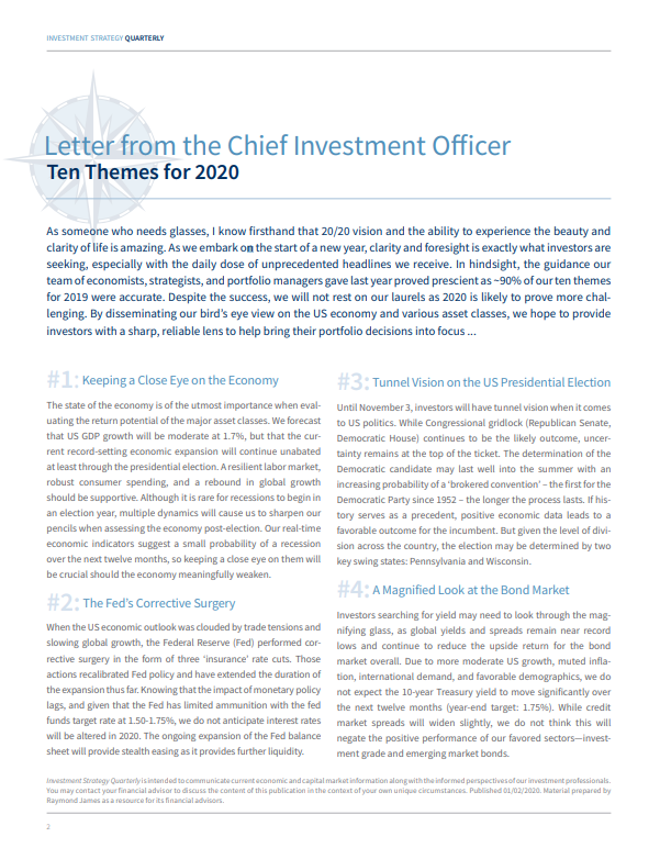 LarryAdamRJ's tweet photo. Our team of market and economic experts have formed what we believe are the key #TenThemes impacting #investors in the new year. My letter below is a collection of our forecasts and thoughts as we seek to provide #clarity and #color around our #2020 views: https://t.co/z2bLDip03C https://t.co/5XYjnN3TqP