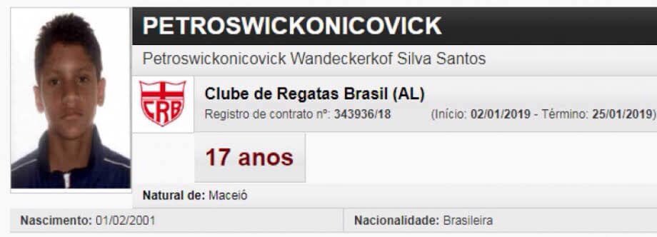 hahahajorgah's tweet photo. Petroswickonicovick Wandeckerkof Silva Santos é um dos jogadores que irão disputar a Copa São Paulo de Futebol Júnior pelo CRB. O atleta alagoano, que será o terror dos narradores, já teve passagens pela base de São Caetano e Corinthians. https://t.co/wwB2y48lwq