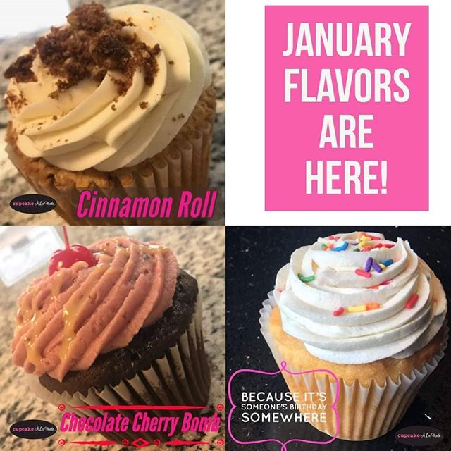 Cupcakealamode's tweet photo. January Flavors of the Month are here!

Birthday Cake: our amazing vanilla cake with our incredible Cake Batter Buttercream topped with sprinkles galore!

Chocolate Cherry Bomb: our decadent chocolate cake with incredible Cherry-White-Chocolate0-Chunk Buttercream (try saying that https://t.co/Yv7arbchTs