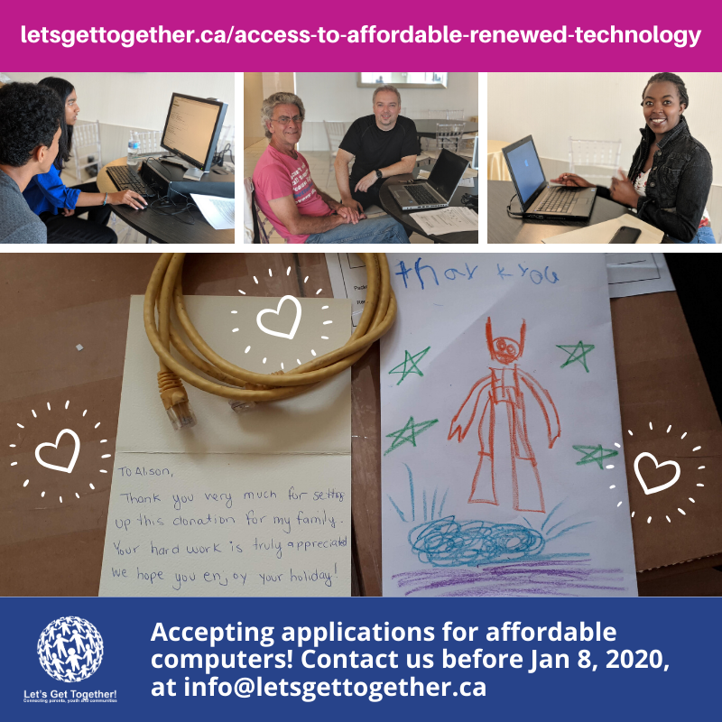 GetTogetherTO's tweet photo. We are accepting applications for #affordable #computers!  Email us at info@letsgettogether.ca BEFORE Jan 8, 2020, to start the application process. Desktop packages are $60 &amp; laptop packages are $150 (plus shipping). 
Visit https://t.co/r5sxGBa6zg for details #letsgettogetherTO https://t.co/POIvNuvxKA