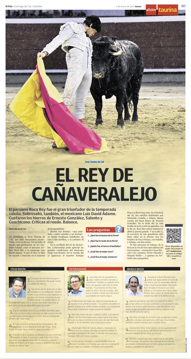 AndresistasR's tweet photo. “El Rey de Cañaveralejo” @RocaRey en la Feria Taurina en @TorosenCali destacado hoy en el diario @elpaiscali. Los cribarás Taurinos, Maestro César Rincón, @ManoloMoles  y @VictorDiusabaR todos coincidieron que fue el indiscutible triunfador https://t.co/AaCutqzFlz