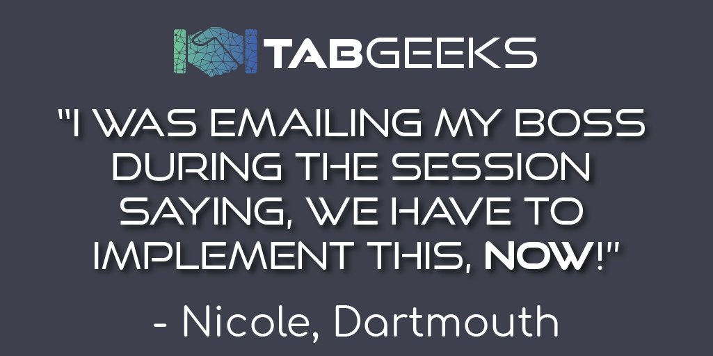 tabGeeks's tweet image. Our attendees love us! Check out this quote from Nicole:
&quot;I was emailing my boss during the session saying we have to implement this NOW!&quot; - Nicole, Dartmouth
#tabgeeks20 #SupportingITSupport #ITSupport