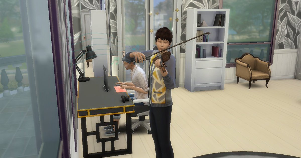 btspolysims's tweet photo. Tae is taking his first steps with the violin 🎻 and Jimin is in the background finishing up his college application ✍️ https://t.co/pvgKxC0iRm