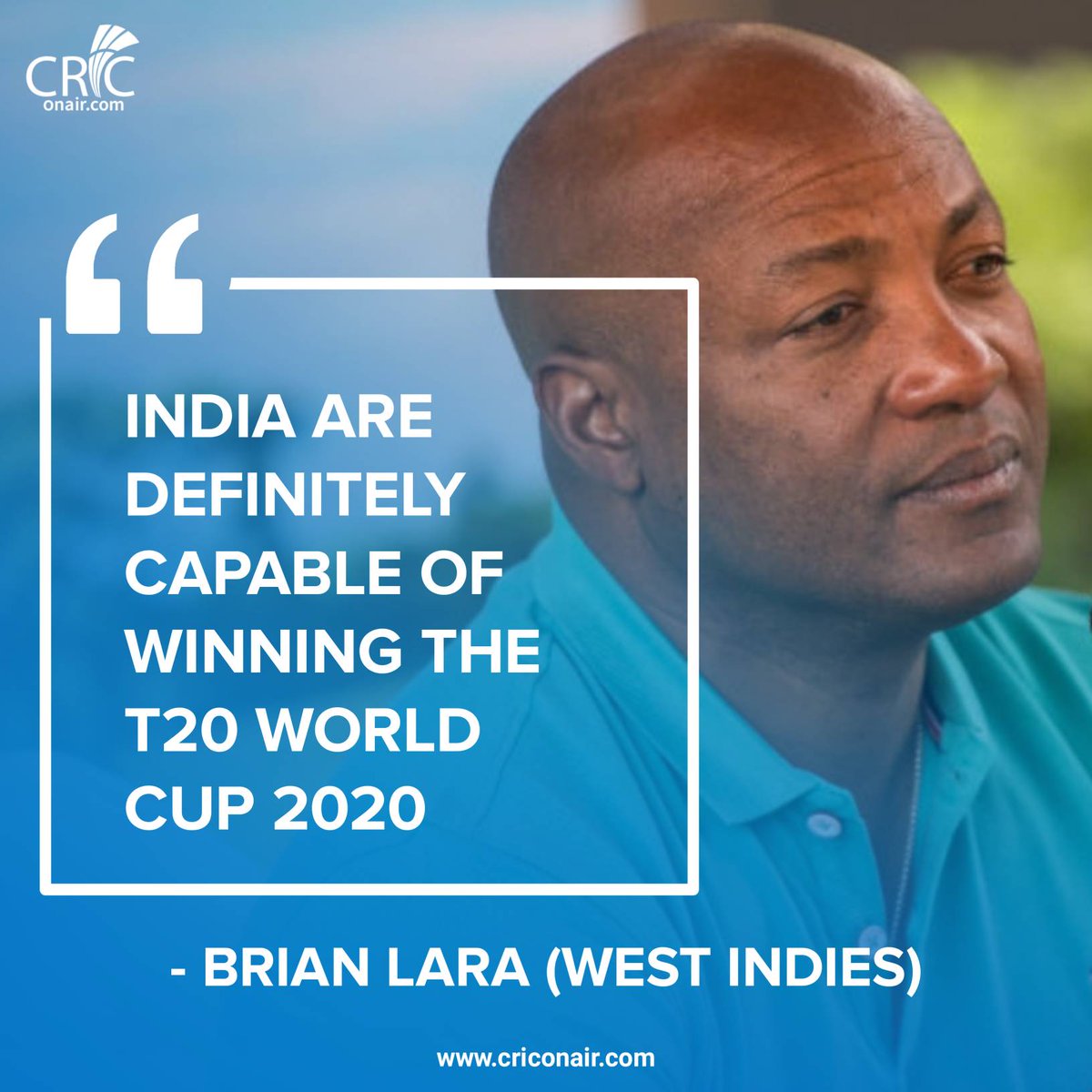 criconair's tweet photo. Brian Lara claimed India has a potential of winning the T20 World Cup 2020. Do you agree with him?

#cricket #brianlara #india #t20worldcup #2020 #criconair https://t.co/GzM7ZHXKdA