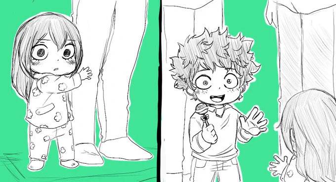 Izuku and Tsuyu : Little Izuku visiting little Tsuyu in her sick days. ? #IzukuMidoriya #TsuyuAsui #Midotsuyu #IzukuxTsuyu #toddler #gift #lolipop #visit #friend #doodle #fanart #BokuNoHeroAcademia 
