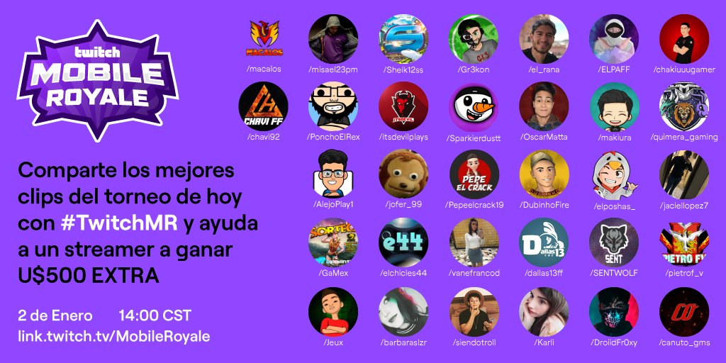 TwitchLatam's tweet photo. ¡Está por comenzar Mobile Royale! 🏆

¡La bolsa de premios es de 3000USD!
 
Además, comparte clips del torneo usando #TwitchMR y ayuda a tu streamer favorito a ganar 500USD 💰 https://t.co/gZL62d7O3G