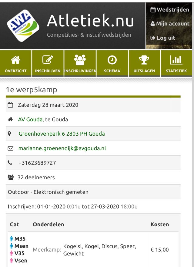 HansBraker's tweet photo. Binnen 2 dagen is het maximum aantal inschrijvingen voor de eerste werpvijfkamp bij @AVGouda al bereikt! Zelf de 32e en laatste inschrijver.
Zie https://t.co/1cDw0BZiMg.
#atletiek #werpen #senioren #masters #populair https://t.co/vI60mERdDX