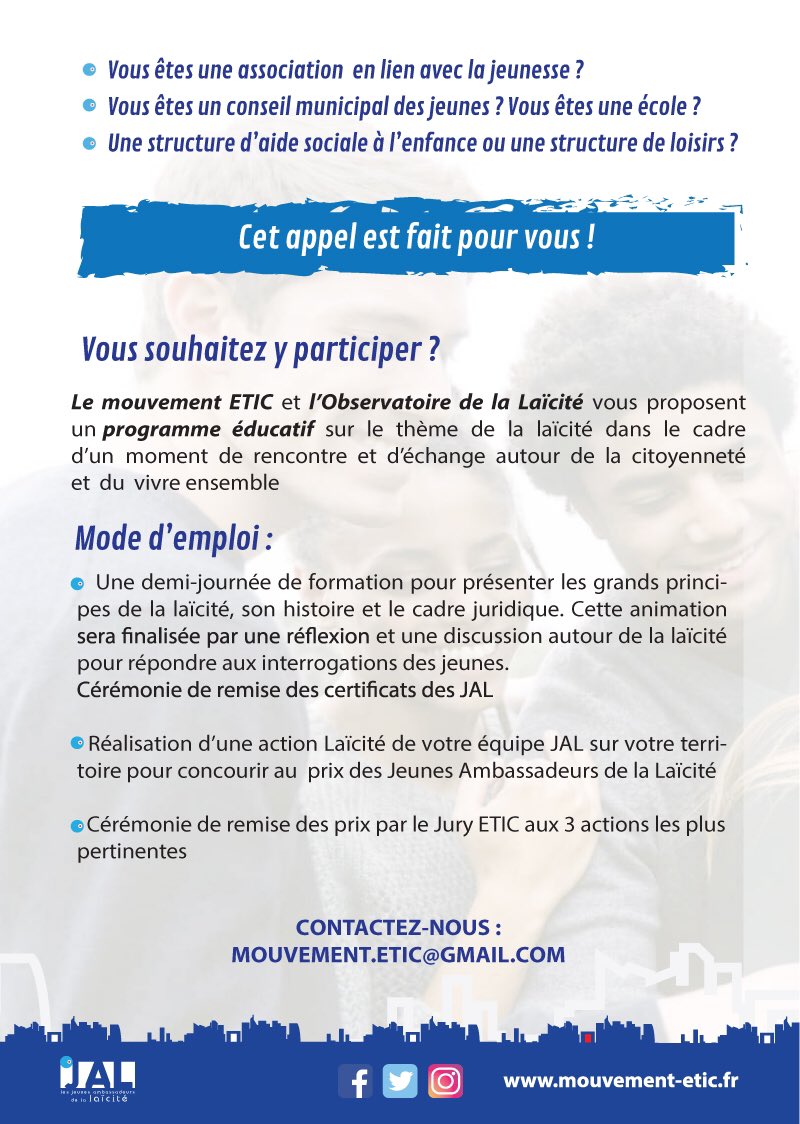 Appel à candidatures
Avec l’<a href="/ObservLaicite/">Observatoire de la Laïcité</a> nous créons: 
Les Jeunes Ambassadeurs de la Laïcité
*Une formation pour les jeunes le 22/01 dans l’amphithéâtre des services du 1er Ministre
*Un concours avec une action à mettre en place
*Une cérémonie de remise des prix 
Inscriptions👇🏻