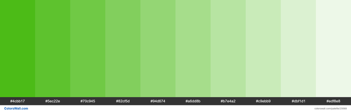 Tints of Kelly Green color #4CBB17 hex #4cbb17, #5ec22e, #70c945 ...