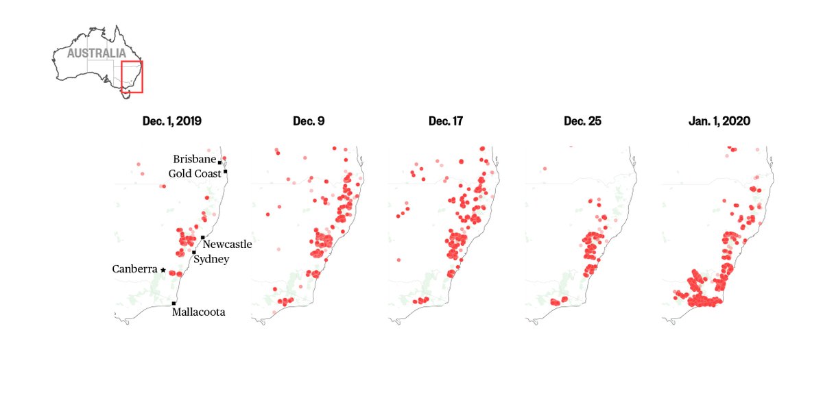 NBCNewsGraphics's tweet image. These maps show how the fires on Australia&apos;s southeastern coast grew, receded, then grew again. nbcnews.com/news/world/aus…