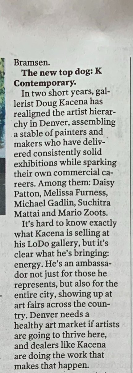 We are proud to share that our gallery, the gallery owner @DougKacena and our artists were recognized on the cover of arts & culture Sunday edition of @denverpost ! Thank you @rayrinaldi ! And thank you to all who make the magic happen. #denverartscene #ContemporaryArt #Magic