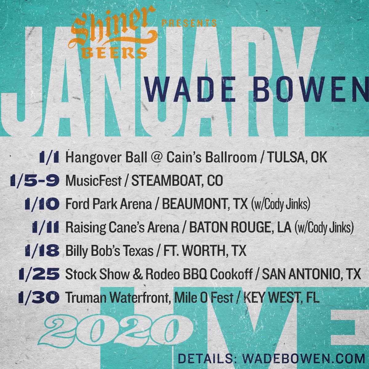Kickin' off 2020 right! Hope to see you guys on the road this month! Tickets available: bit.ly/Wade-Bowen-Tou…