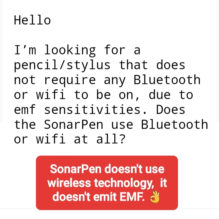 SonarPen's tweet photo. We received question about EMF, electromagnetic force. Good news is SonarPen is a wired smart stylus ๐โฐ๐ฑ, so it doesn't produce EMF. ๐
#safe #kidsfriendly #emf #emfprotection
#smartstylus #faq #questions #health #sonarpen https://t.co/3IB20pSgOZ