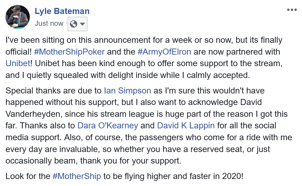 TL;DR - #MotherShipPoker is now partnered with <a href="/UnibetPoker/">Unibet Poker</a> so the #MotherShip will be flying higher and faster in 2020!

TY <a href="/IanSimpsonPoker/">Ian Simpson</a> <a href="/DaVitsche/">DaVitsche</a>  <a href="/daraokearney/">Dara O'Kearney</a> <a href="/dklappin/">🃏 David Lappin 🃏</a> <a href="/AntMan_B/">AntManB</a> <a href="/nightshopper2/">nightshopper</a> @pianokat 

twitch.tv/elron66