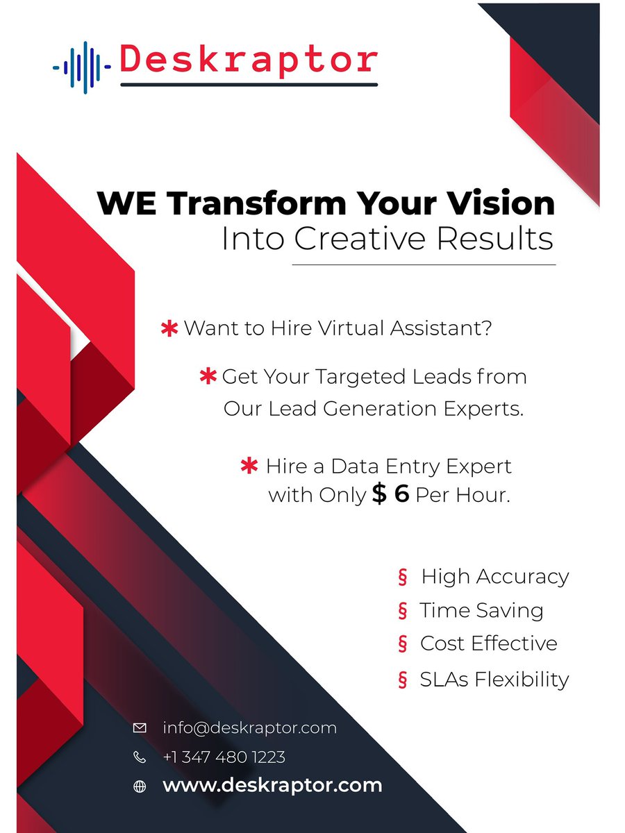 Deskraptor's tweet photo. DeskRaptor consistently outperforms on all the key campaign metrics by considerably wide margins, working as an extension of your business.

#digitalmarketing #dataanalysis #leadgeneration #remotework  #dataanalytics #datamanagement #virtualassistant #transcription #webdesign https://t.co/dZr3tZDfJj