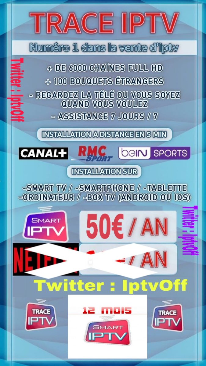 iptvoff's tweet photo. @Sadekniuum Salut, Je vend des abonnement IPTV à 50€ par AN.✅ qualité et fluidité parfaite
Grâce à nous tu pourra regarder tout les chaînes de :
CANAL+.⚽🏀
CANALSAT.📺
OCS.🎥
RMC SPORT.⚽
BEIN SPORT.⚽🎾
Pour Seulement 50€/an.✅
Contactez-nous en privé pour toute Assistance.📩
#IPTV https://t.co/2MWHj4MEEt
