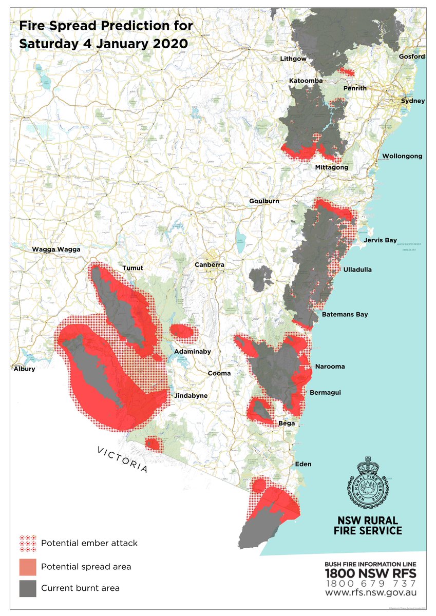 NSWRFS's tweet image. Fire Spread Prediction for Sat 4 Jan 2020
Dangerous fires in Shoalhaven, South Coast, Snowy Mountains &amp;amp; areas surrounding Greater Sydney. You should not be in potential spread areas or potential ember attack areas on Saturday. #nswrfs #nswfires