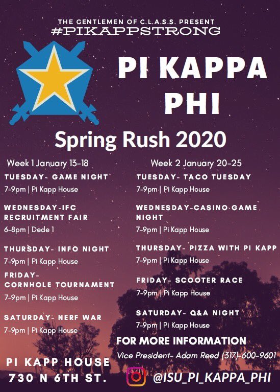 As the semester approaches we would like to share our Spring 2020 rush flyer! We can’t wait to see you all in a few weeks! #SpringRush #IndianaStateUniversity #PiKappaPhi