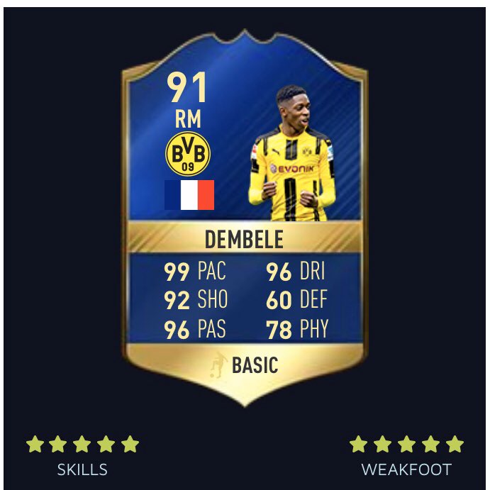 Meeting rash Circumference Piquelme on Twitter: "Flashback FUT Series #9: TOTS Ousmane Dembele- Fifa 17  Dembele's first year in FUT and this card was the buzz of TOTS with 5*/5*,  98 finishing, 99 dribbling, 99