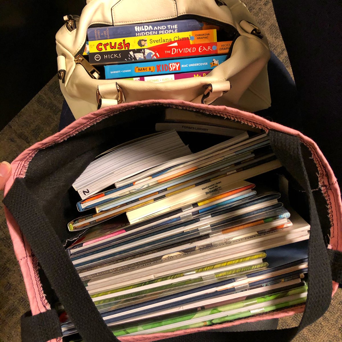 heyemilywayne's tweet photo. I’ve reached a new level of crazy... not all my books would fit in my library bag, so I’ve got an extra five stuffed in my purse 😂 #libraryloot #libraryhaul #librarystack #librarylove #kidlit #kidlitlove #booklove #booknerd #bookaddict #ihaveabookproblem #allllthebooks https://t.co/YXsgaw77xX