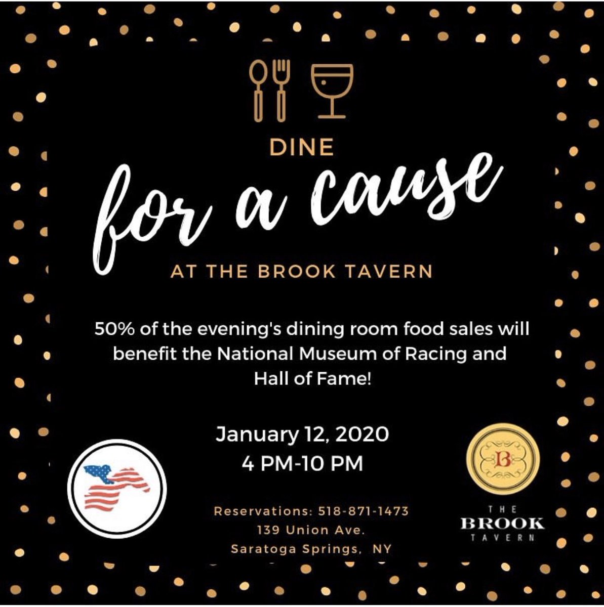 TheBrookTavern's tweet photo. Dine for a cause! Mark your calendars for January 12th.  50% of the evenings dining room food sales will benefit the National Museum of Racing and Hall of Fame! @nmrhof 
@thenyra #dineforacause #saratoga #saratogasprings #brooktavernsaratogasprings #unionave #horseracing https://t.co/YuIuvxH59q