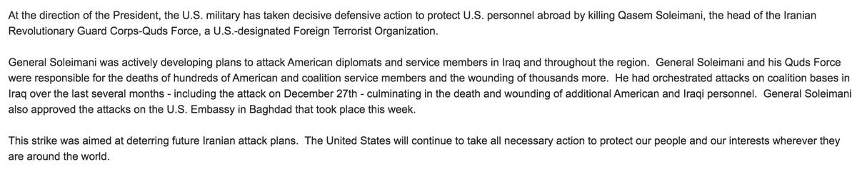 Pentagon out with a statement on the airstrike.
"This strike was aimed at deterring future Iranian attack plans.  The United States will continue to take all necessary action to protect our people and our interests wherever they are around the world."