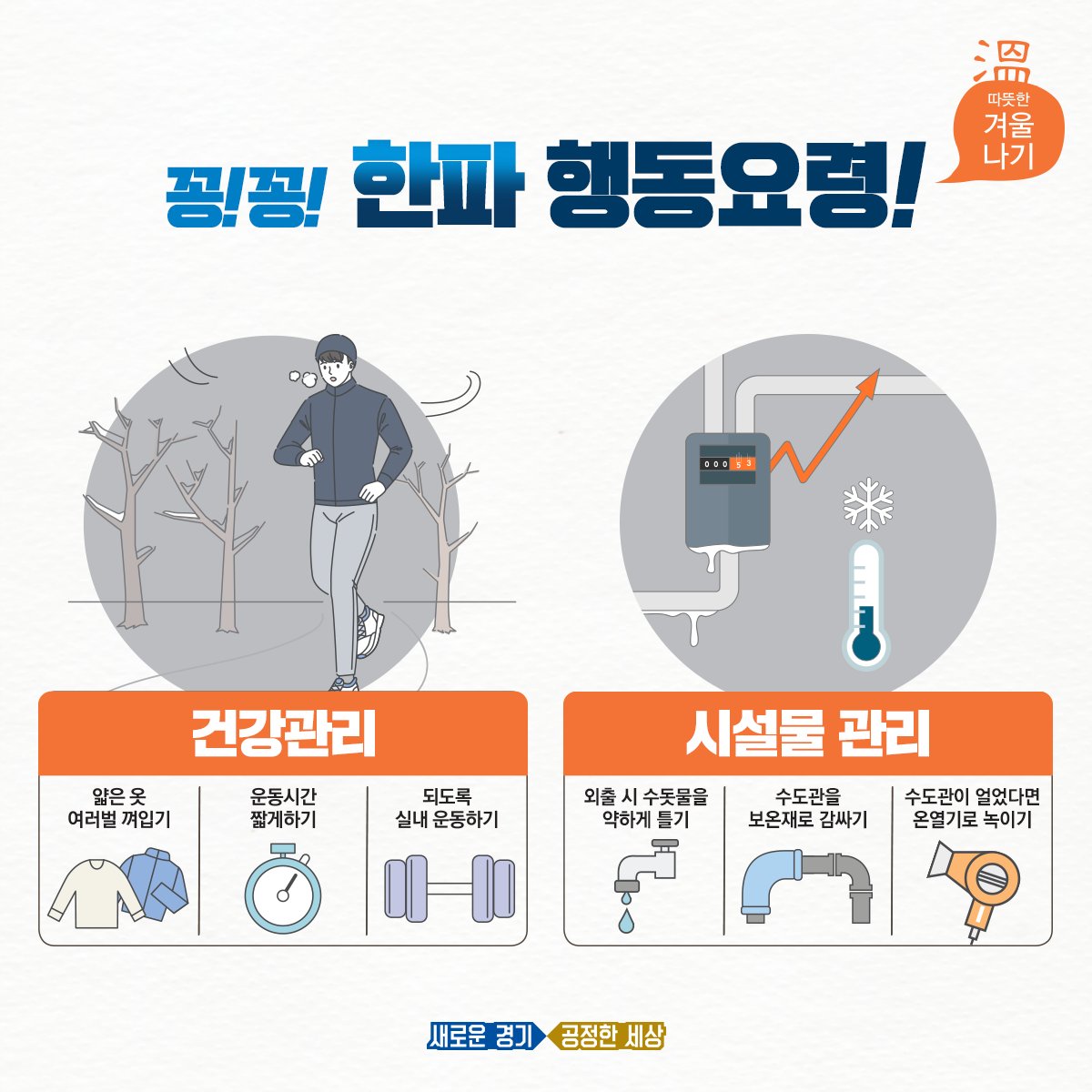 싸늘하다.
가슴에 냉기가 날아와 꽂힌다.
하지만 걱정하지 마라.
.
한파보다 행동요령을 먼저 알려줄 테니까
.
#한파_완전정복
#행동요령_6가지
.
🔎자세히 보기 : blog.naver.com/gyeonggi_gov/2…