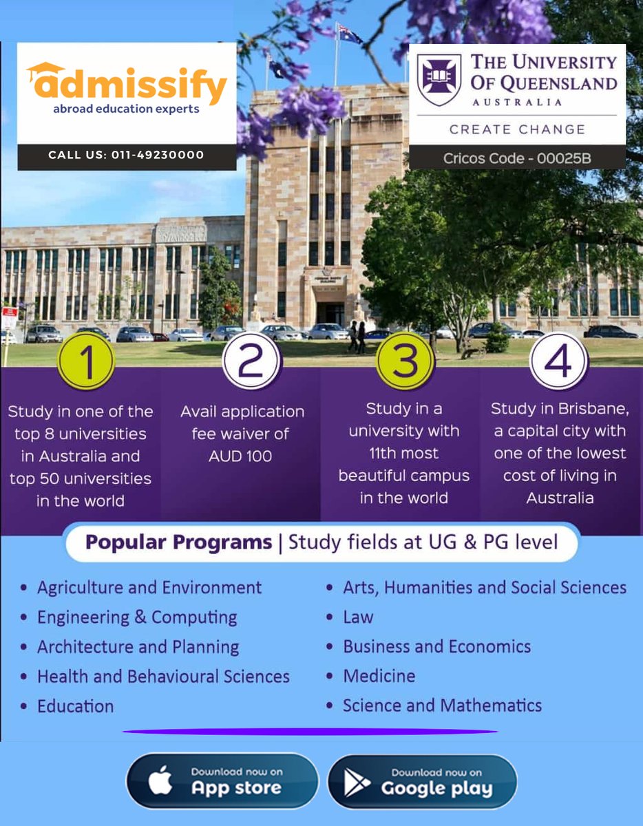 Admissify's tweet photo. Apply now for 2020 Intakes to Study in The University Of Queensland - For complete information & enrolment, call on +91 11 49230000
#StudyAbroad #OverseasEducation #abroad #AbroadStudy #studyinaustralia #admissify https://t.co/Qd8GcXqln9