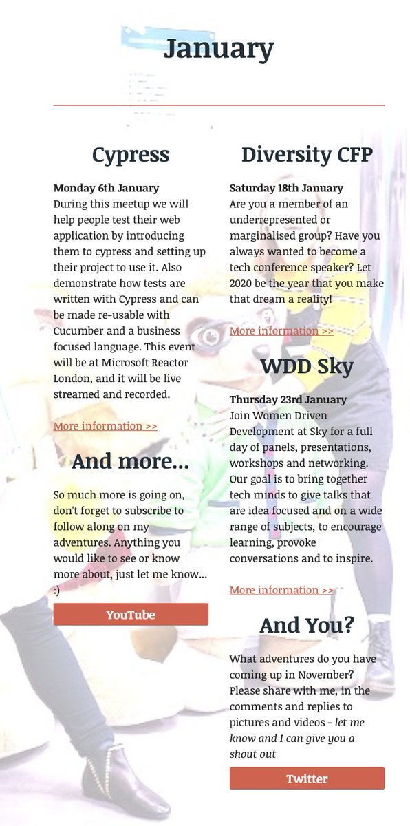 eddiejaoude's tweet image. Exciting events in January from my newsletter:
- @codemortals: Mon 6th Jan Automation testing with @Cypress_io & #CucumberJS
- @gdcfpday: Sat 18th Jan with @simona_cotin 
- @womendrivendev: Thur 23rd Jan at @SkyUK 
#opensource #diversity #inclusuion #DevRel #fullstack #code