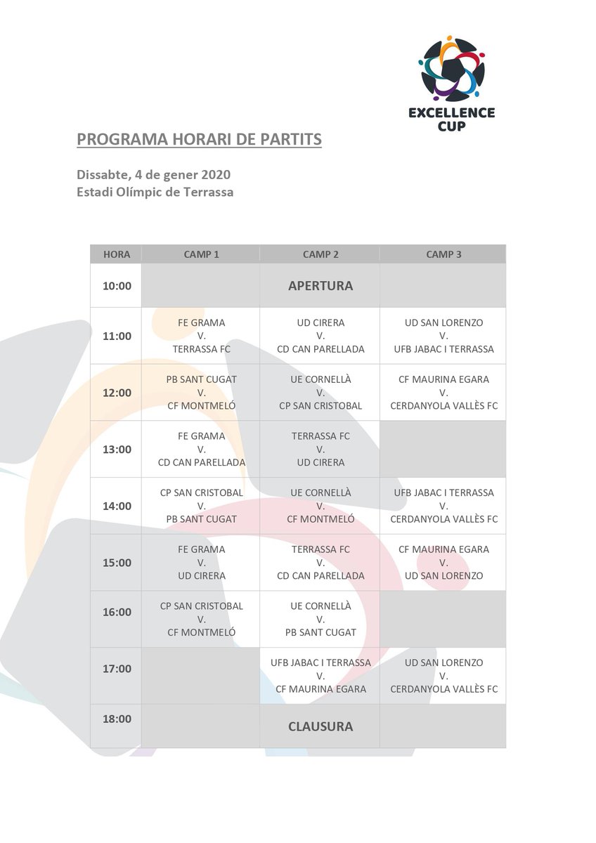Aquí teniu el programa de la jornada de demà i els clubs-entitats que hi participen.
🙌 Demà comença la primera fase de l'Excellence Cup!
⚽️ Estadi Olímpic de Terrassa
⏰ 10:00
JO TAMBÉ HI JUGO, I TU?
YO TAMBIÉN JUEGO, ¿Y TÚ?