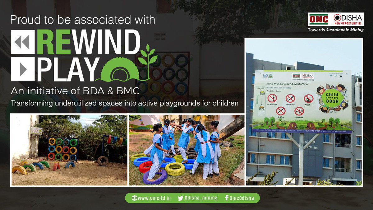 odisha_mining's tweet photo. OMC proudly announces its association with #RewindPlay, an initiative by @bmcbbsr &amp; @BDA_BBSR to transform unused spaces into playgrounds for underprivileged children. This unique concept emphasizes idea of recycling &amp; re-use of discarded tyres as play equipment. #CircularEconomy https://t.co/ljPdQyYVzv