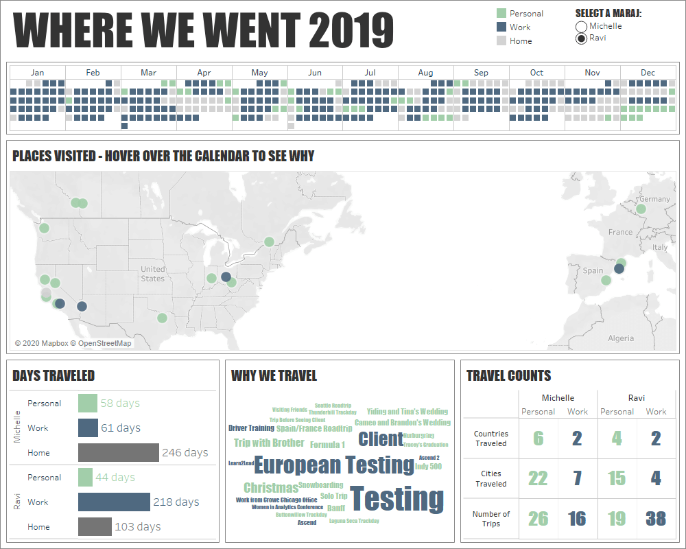 TravelAfterFive's tweet photo. A consultant and an engineer - who traveled the most, and where did we go last year? Check out our interactive Tableau map to explore the different places we saw, and see who had the busiest calendar! https://t.co/Kf6wIzqEG6 https://t.co/0OkXCgQEzl