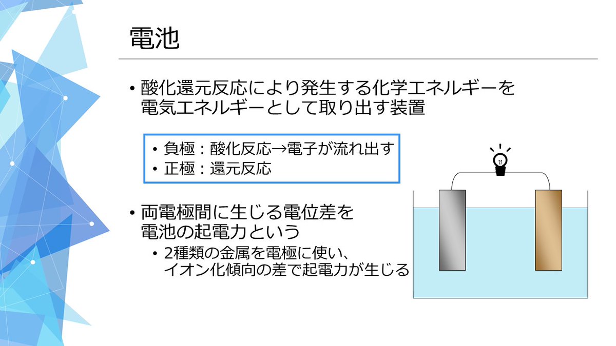マナの勉強studio Ar Twitter 電池 酸化還元反応の応用例です 負極で酸化反応がおこり 電子が流れ出して正極で還元反応がおこります 化学基礎 センター試験 大学入学共通テスト マナの勉強studio Ar Twitter 電池 酸化還元反応の応用例です 負極で酸化反応がおこり 電子が流れ出して正極で還元反応がおこります 化学基礎 センター試験 大学入学共通テスト