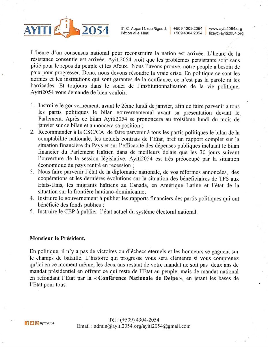 ayiti2054's tweet photo. ...Au jour des Aïeux, #AYITI2054 s'adresse au Président de la République pour lui exprimer ses vœux, lui présenter sa lecture sur la situation générale du pays et ainsi interpeller le Chef de l'Etat sur les grands dossiers concernant l'avenir de la nation. #AnAvan #AYITI2054 https://t.co/8zmLz5hDUe