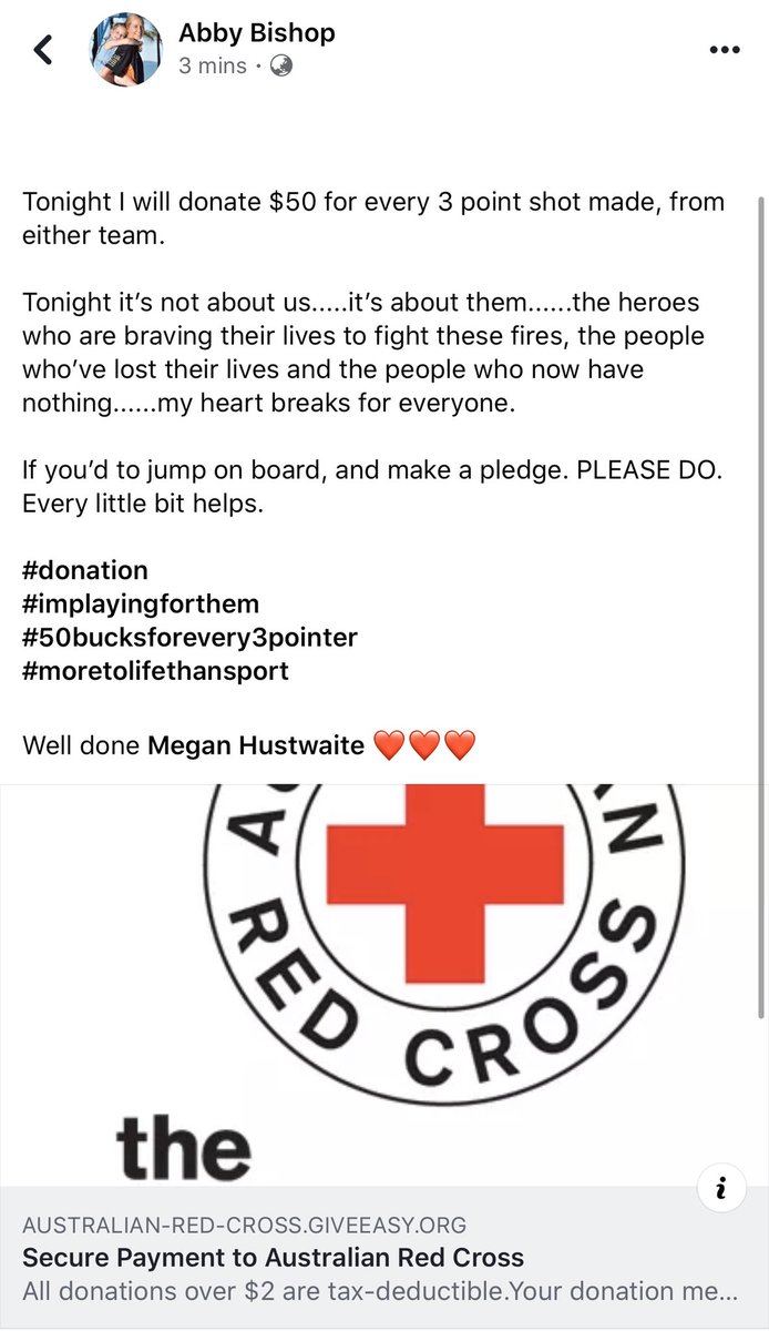Tonight I’ll be donating $50 for every 3 made by either team. 

The money will be donated to australian-red-cross.giveeasy.org/australian-red… 
If you can help in any way, please do. 

❤️❤️❤️❤️❤️