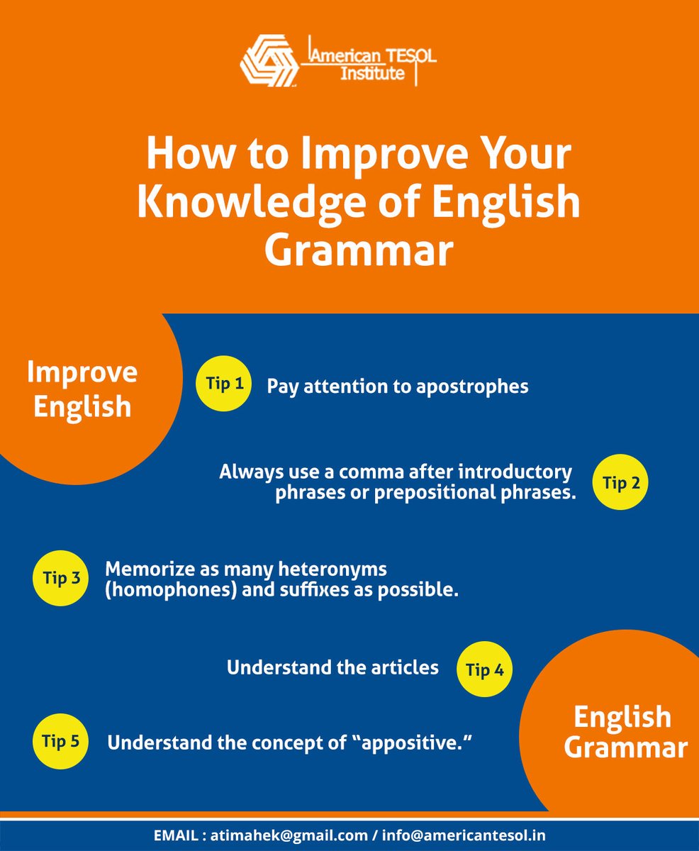 AmericanTESOL16's tweet photo. English Grammar is an important part of learning english. To improve the knowledge of english, here are some tips:

#EnglishGrammar #learnenglish #TESOL #TEFL https://t.co/9LTtOpYK3v