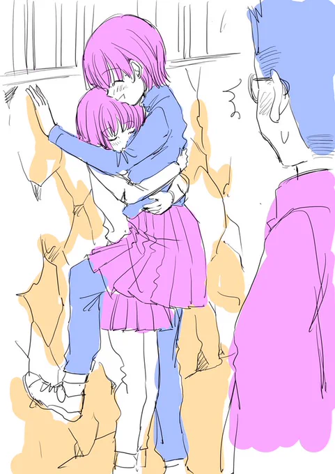 田舎の裏路地で女子高生が抱き合っているところに出くわした図。チラッとした見れませんでしたが瞬間記憶を頼りに走り書き。どっちかが男かと思ったんですが、離れてクスクス笑ってるのが女子同士でした。ここはなんだ、そういう桃源郷? 