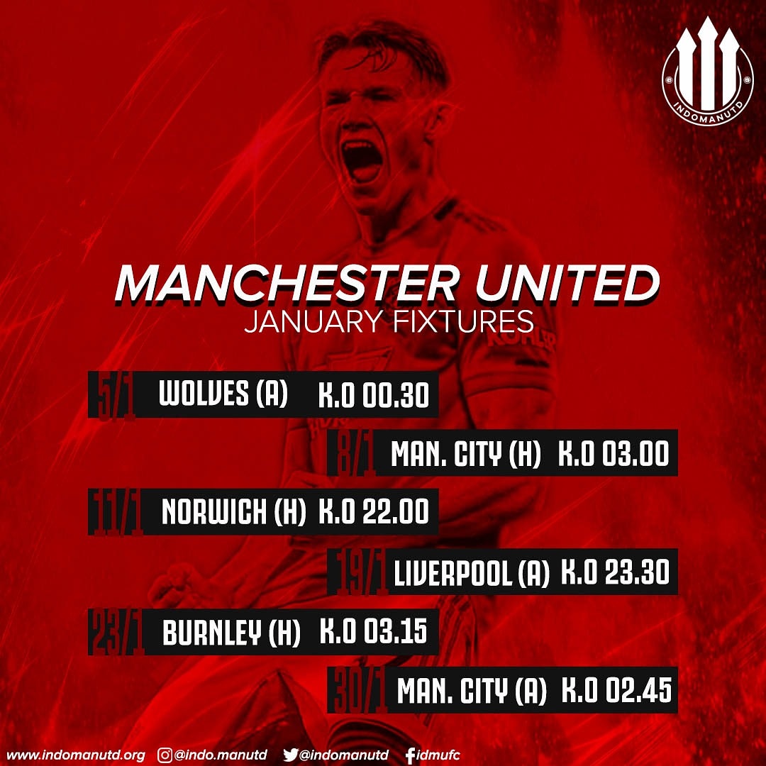 Jadwal Manchester United bulan Januari 2020

#jadwal #fixtures #januari #mufc #manutd #manchesterunited #indomanutd_btm #batam #batamisland #batamcity #tentangbatam #beritabatam